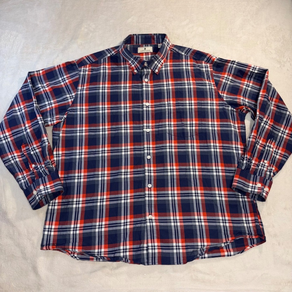 Southern Pines Mens XXL Plaid Button Down Shirt Navy Blue Red‎ White Long Sleeve